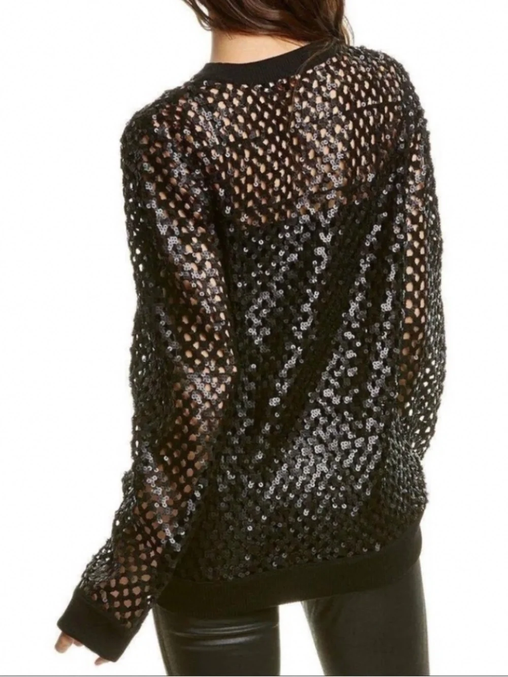 Tory Burch Black Lansing Merino Wool Blend Open Knit Sequin Sweater Women's M